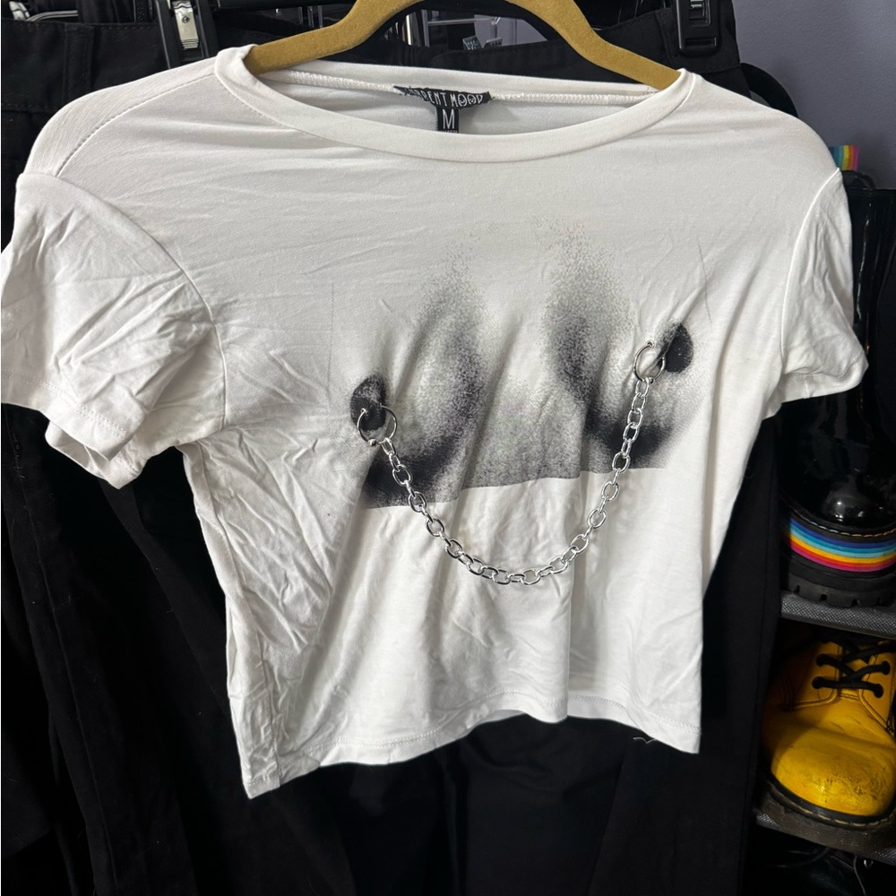 White Graphic Tee with Chain Detail